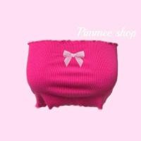 ราคา เสื้อเกาะอก น่ารัก เท่ วินเทจ เอวลอย สกีนโบว์สีชมพู่ (23277340296)