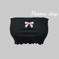 ราคา เสื้อเกาะอก น่ารัก เท่ วินเทจ เอวลอย สกีนโบว์สีชมพู่ (23277340295)