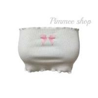 ราคา เสื้อเกาะอก น่ารัก เท่ วินเทจ เอวลอย สกีนโบว์สีชมพู่ (23277340294)