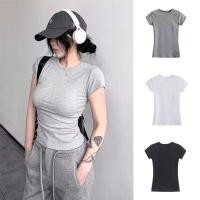 ราคา จัดส่งจากกรุงเทพ เสื้อยืดรัดรูป เว้าเอว แต่งย่นข้าง ผ้ายืดยูนิโคล่ ตัวผ้ายืดเยอะมาก สาวอวบใส่ได้ ทรงน่ารัก งานตามหา (24603931981)