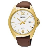 ราคา Karnvera Shop นาฬิกาข้อมือผู้ชาย Seiko Classic Mens Watch Leather white and gold dial SUR216P1 (355100071)