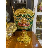 ราคา เศียรครู พระพิราพ ขนาดครอบ งานกระดาษ ปิดทองเค ประดับพลอย ไม่ใช่งานหล่อเรซิ่น พร้อมฐานไม้สีแดงฟรี หัวโขน เศียรเทพ ของที่ระลึก khon mask (5871736658)