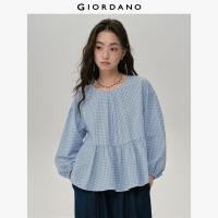ราคา GIORDANO Women Blouses Pleated Crewneck Plaid Sweet Blouses Ruffle Hem Long Sleeve Half Button Fashion Casual Blouses 18345217 (24899044172)