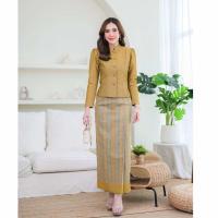 ราคา A40 ชุดผ้าไทย จิตรลดา สีเหลือง เสื้อ ผ้าถุง ผ้าทอลาย อัดกาวทั้งชุด ซิปซ่อน (23044704095)