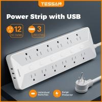 ราคา TESSAN 3 meter Extension Cord Individual Switch Power Strip 1700J sSurge Protector Socket Power Extension Outlets 12AC Outlets 3 USB Ports (23763369122)