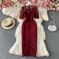 ราคา ชุดเดรสยาวคอวีแขนสั้นทรงเอผ้าลูกไม้โปร่งสไตล์เกาหลีสำหรับผู้หญิงวัย 18 24 ปี ชุดราตรียาวเอวสูง (10674376011)