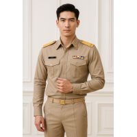 ราคา ชุดข้าราชการผู้ชาย ทั้งชุด ผ้าฝ้าย แขนสั้น หรือแขนยาว ชุดสีกากี (22461671277)