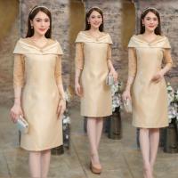 ราคา เดรสผ้าไหมจิตรลดาแต่งจีบโอบไหล่ เดรสออกงาน สวยหรู 3 สี ทอง ฟ้า ชมพู สวยหรูดูแพงมากค่ะ S 3XL (22975368072)