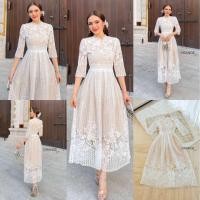 ราคา พร้อมส่ง S 4XL ป้าย Orange Juice เดรสลูกไม้สีขาว คอกลม แขนสามส่วน ชุดงานบุญ สวยเรียบหรู (23926856232)