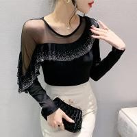 ราคา เสื้อยืดผู้หญิงแขนยาวปักคริสตัลสไตล์ยุโรป ทรงเข้ารูป สีดำ ทรงเข้ารูป แขนยาว คอวี ปกติ ฤดูใบไม้ผลิ (24080695909)