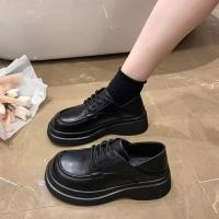 ราคา Women Gothic Wedges Shoes Black White Leather Platform Lolita Mary Jane Flats 2022 New Fashion Lace Up Harajuku Large Size 42 (20604093601)