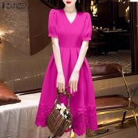 ราคา ZANZEA ชุดเดรสทำงานลายลูกไม้สีเข้มสำหรับผู้หญิงชุดเดรสคอวีสง่างามแขนสั้นสไตล์เกาหลี 0421 (24349139746)