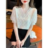 ราคา ลูกไม้แขนสั้นชีฟองเสื้อผู้หญิงด้านบนฤดูร้อนใหม่คอ V ลูกไม้ประกบแฟชั่นอารมณ์ชีฟองเสื้อ (23157660298)