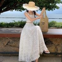 ราคา ชุดเดรสยาวคอเหลี่ยมปักลูกไม้สไตล์ฝรั่งเศส ชุดเดรสยาวเอวสูง แขนกุด ผ้าโพลีเอสเตอร์ ชุดเดรสยาวเอวสูง (24804061152)