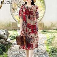ราคา ZANZEA ชุดเดรสสำหรับสตรีชุดเดรสซันเดรสผ้าลินินฝ้ายหลวมสบายแขนสั้นลายดอกไม้สำหรับวันหยุดวินเทจ 7 (22725932522)
