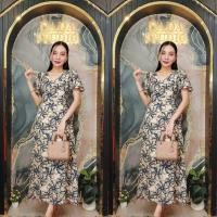 ราคา เดรสยาว ผ้าอิตตาลี่พิมลาย คอวี แขนระบาย กระโปรงทรงเอยาว50 ลายดอกสีกรม (22840358588)