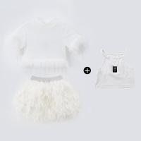 ราคา พร้อมส่ง ชุดเต้น เสื้อแขนสั้นแต่งขนมิ้ง กระโปรงขาว (24388330673)