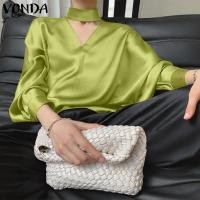 ราคา VONDA เสื้อแฟชั่นสตรีทแวร์สำหรับผู้หญิงเสื้อแขนยาวคอวีเสื้อสีทึบใส่ทำงาน 0630 (24657797770)