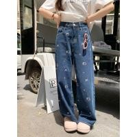 ราคา กางเกงยีนส์ทรงตรงสีน้ำเงินเข้มสไตล์เกาหลีย้อนยุคสำหรับผู้หญิง กางเกงขายาวทรงหลวมเอวสูง ปักลายแมวคิตตี้ กางเกงยีนส์ทรงตรงสำหรับผู้หญิง (24473914616)
