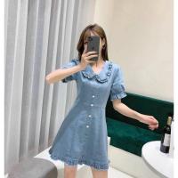 ราคา ชุดเดรสกระโปรงยีนส์ คอบัว แขนตุ๊กตา ชายกระโปรงระบาย (20442200290)