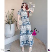 ราคา P22344 Set 3 ชิ้น ลายช้าง เสื้อเชิ้ตทรงครอป กระโปรงยาว สายผูกโบว์ (23874095964)