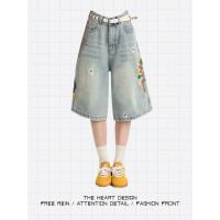 ราคา กางเกงยีนส์ทรงตรงปักลายดอกไม้สไตล์ย้อนยุคแบบอเมริกันสำหรับผู้หญิง กางเกงขาสั้นทรงหลวมสำหรับฤดูร้อน ดีไซน์ใหม่ ซักได้ ทรงหลวม กางเกงยีนส์ทรงตรง (24368657981)