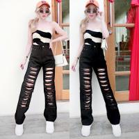 ราคา ส่งเร็ว กางเกงยีนส์ผู้หญิง no 195 ทรงกระบอก เอวสูง แต่งขาดแฟชั่น (16546865202)