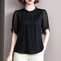 ราคา เสื้อเชิ้ตผู้หญิงเสื้อผู้หญิงผ้าชีฟองทำงานสีดำคอกลมแขนลำลองขาสั้นสไตล์ฤดูร้อน (21458438251)