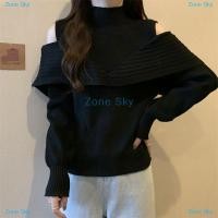 ราคา Zone Sky เสื้อสเวตเตอร์คอเต่าแขนยาวเปิดไหล่สำหรับผู้หญิงทรงหลวมสไตล์เกาหลี (24788114403)
