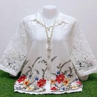 ราคา เสื้อเชิ้ตคอปกผ้าลินินผสมผ้าฝ้าย แต่งแขนลูกไม้สวยๆ ปักดอกไม้สวยๆ (24379673865)