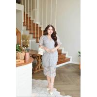 ราคา เดรสออกงานสาวอวบ เดรสแขนสั้นคอวี ผ้าลูกไม้ฝรั่งเศส แต่งกระดุมหน้างานลูกไม้ฉลุลายสวยๆ มีซับใน มีซิปหลัง (24462091322)