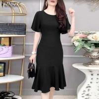 ราคา ZANZEA ชุดซันเดรสปลอกแขนแบบมีระบายคอกลมสำหรับผู้หญิงชุดเดรสเก็บเอวชุดเดสคลุมเข่าสุดหรูเรียบชุดเดรสบอดี้คอนรัดรูป F (24679956500)