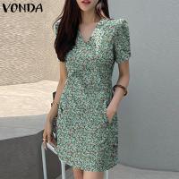 ราคา VONDA Womens Summer V Neck Floral Printed Puff Sleeve Dresses Ladylike Collect Waist A Line Drses Korean Causal (22405510961)