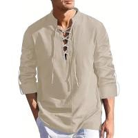 ราคา Mens Long Sleeve Pirate Henley Collar Shirts Drawstring Cotton Linen Lace Up V Neck Shirts Hippie Beach Spring Summer Tops (22460952071)