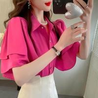 ราคา เสื้อชีฟองแขนสั้นแต่งระบายสำหรับผู้หญิงเสื้อผ้าแฟชั่นเสื้อทรงหลวมลำลองเสื้อสตรีคอปกอเนกประสงค์สีชมพูย้อนยุคสีใหม่แบบธรรมดา (24465390483)