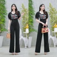 ราคา TT18883 Jumpsuit จั้มสูทขายาวแขนพอง อกแต่งลายดอกไม้ ที่คาดผม (23086751475)