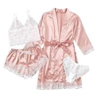 ราคา DXSS ชุดนอนผ้าไหมซาตินสำหรับผู้หญิง4ชิ้น เซ็ตเซตชุดชั้นในลูกไม้ลายดอกสุดเซ็กซี่เสื้อสายเดี่ยวและกางเกงขาสั้นผ้าซาตินพร้อมชุดนอนเสื้อคลุม Pajama (23184692828)