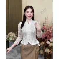 ราคา เสื้อลูกไม้คอจีน แขนยาว กระดุมหน้าแต่งจีบเอว งานอัดกาว (24612277447)