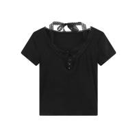 ราคา เสื้อยืดแขนสั้นผู้หญิง ทรงครอป คอตัก สีดำ แต่งลูกไม้รอบ ซีทรูอก มีสายผูกคล้องคอ กระดุมหน้า ผ้าร่องโพลิเอสเตอร์ ชายผ้าเย็บม้วนริม ยืดหยุ่นดี เสื้อครอป 114 (24812770695)