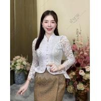 ราคา เสื้อลูกไม้คอจีน แขนยาว กระดุมหน้าแต่งจีบเอว งานอัดกาว (24612277444)