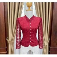 ราคา เสื้อลูกไม้คอจีน แขนยาว กระดุมหน้าแต่งจีบเอว งานอัดกาว (24612266927)