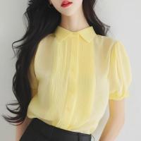 ราคา Luxqlo เสื้อเชิ้ตแขนสั้นแฟชั่นสำหรับผู้หญิงสีเหลืองหลวมเสื้อออฟฟิศชีฟอง2024ฤดูร้อนใหม่ (22869313333)