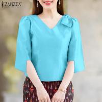 ราคา ZANZEA เสื้อเบลาส์คอวีผูกโบว์สไตล์เกาหลีสำหรับผู้หญิงทำงานทางการ แขนสามส่วน สีพื้น 0331 (24265069449)
