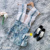 ราคา BS3601 จั้มสูทขาสั้น ผ้าทอลายดอก แต่งอกผ้าตาขาย (17973459408)