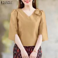ราคา ZANZEA เสื้อเบลาส์คอวีผูกโบว์สไตล์เกาหลีสำหรับผู้หญิงทำงานทางการ แขนสามส่วน สีพื้น 0331 (24265069439)