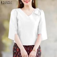 ราคา ZANZEA เสื้อเบลาส์คอวีผูกโบว์สไตล์เกาหลีสำหรับผู้หญิงทำงานทางการ แขนสามส่วน สีพื้น 0331 (24265069452)