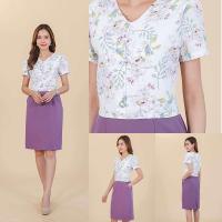 ราคา เดรสทำงาน คอวี ลายดอก สีขาวม่วง สีฟ้า สีเขียว (21582700774)