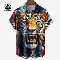 ราคา เสื้อแขนสั้นผู้ชายชุดเดรสวินเทจฤดูร้อนเสื้อเชิ้ตทรงโคร่งเสื้อลายเสือ (22044021425)