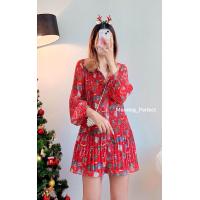ราคา ชุดธีมคริสต์มาส มินิเดรสอัดพลีทแขนยาว สไตล์เกาหลีน่ารักๆ (23265895834)
