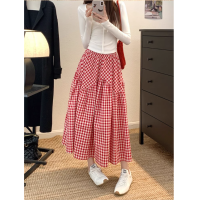 ราคา white july พร้อมส่ง กระโปรงแฟชั่นผู้หญิง กระโปรงลายสก็อตสีแดงย้อนยุค เอวสูง สไตล์เกาหลี กระโปรงยาวทรงเอ (23666906789)